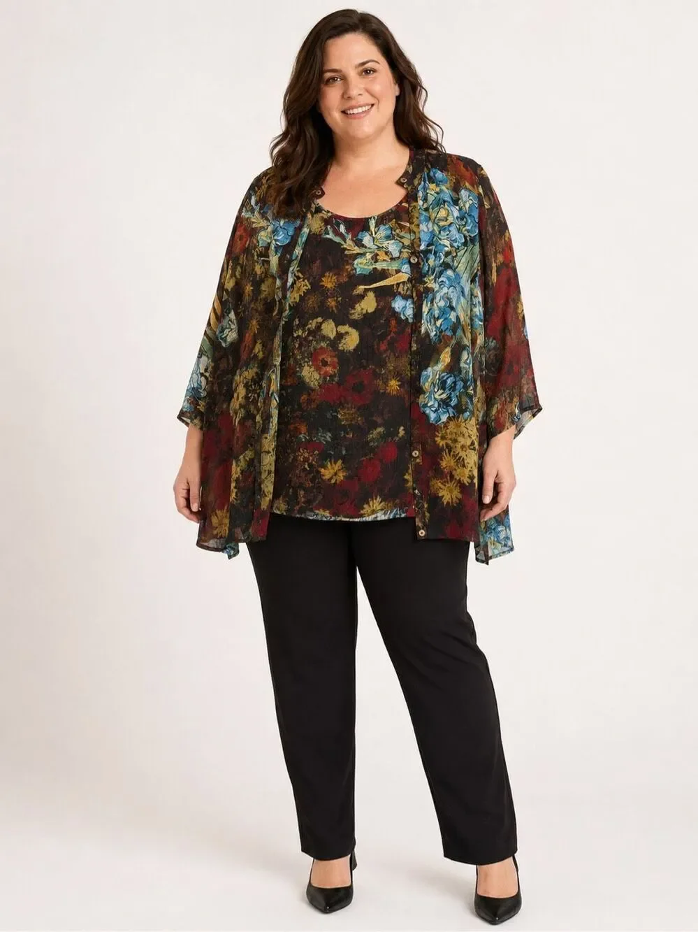 Citron Santa Monica 100% Silk Floral Two-Piece Tunic Jacket & Shell Set 3X